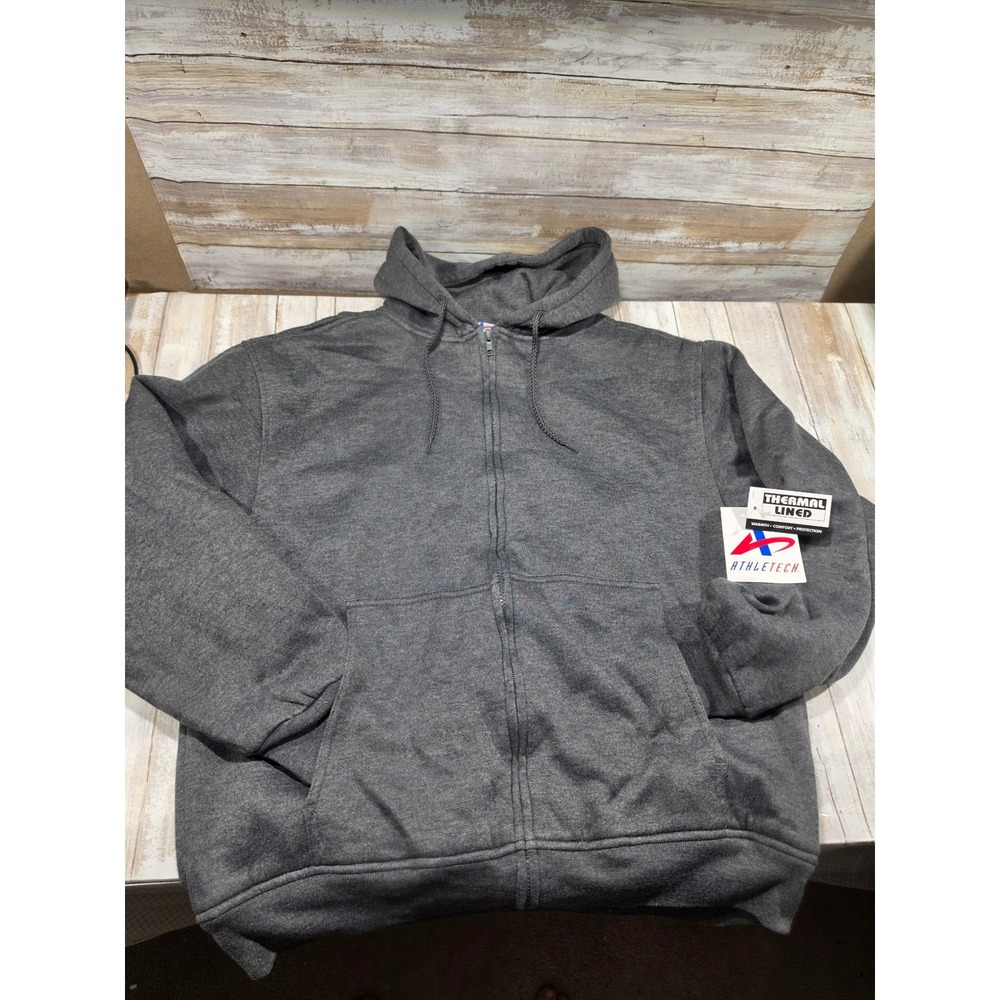 Athletech Mens Thermal Lined Full Zip Hoodie Charcoal Gray Sweatshirt Large NOS